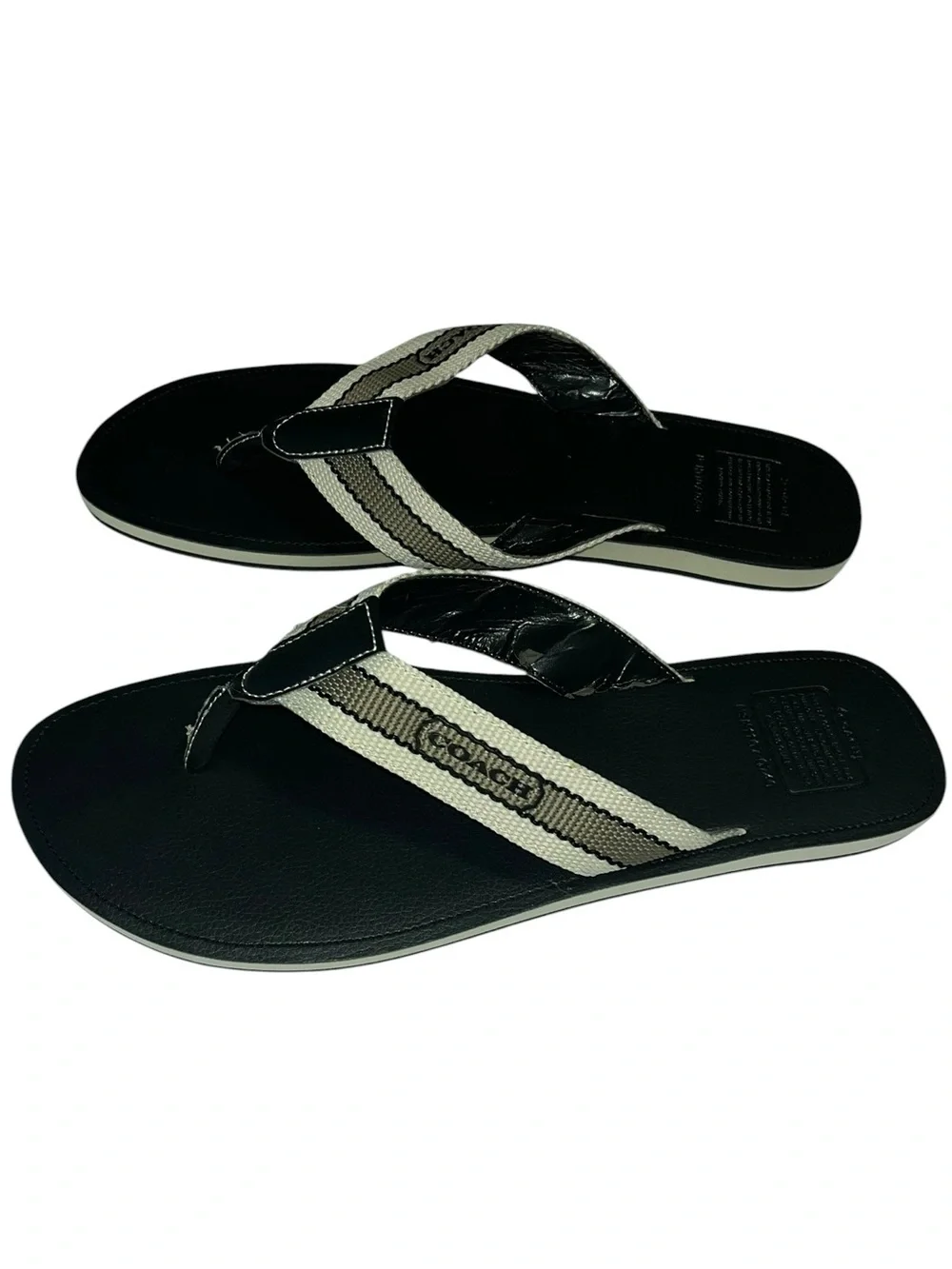 Coach Men's Black Flip Flops with khaki and black Stripe Webbing